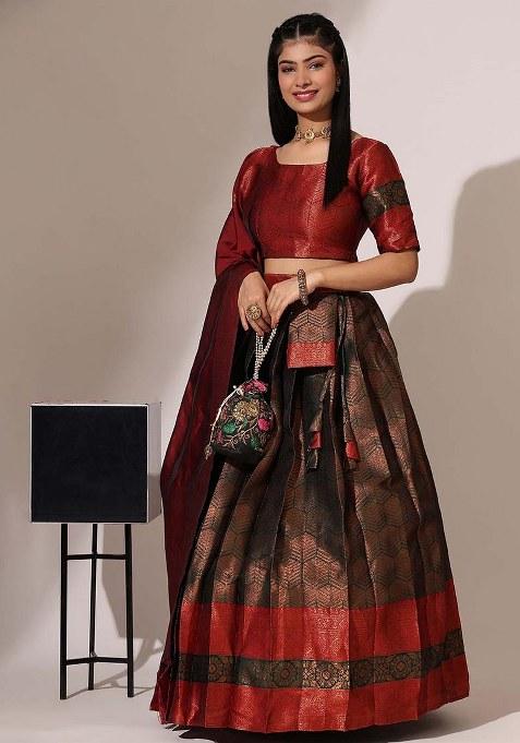 Green Zari Work Silk Lehenga Set