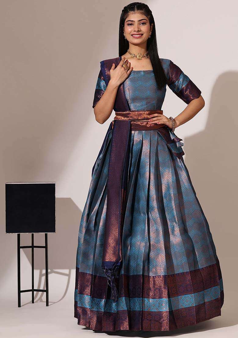Firozi Silk Blend Lehenga Set with Zari Work for Diwali | Wedding & Festive Wear - Indya