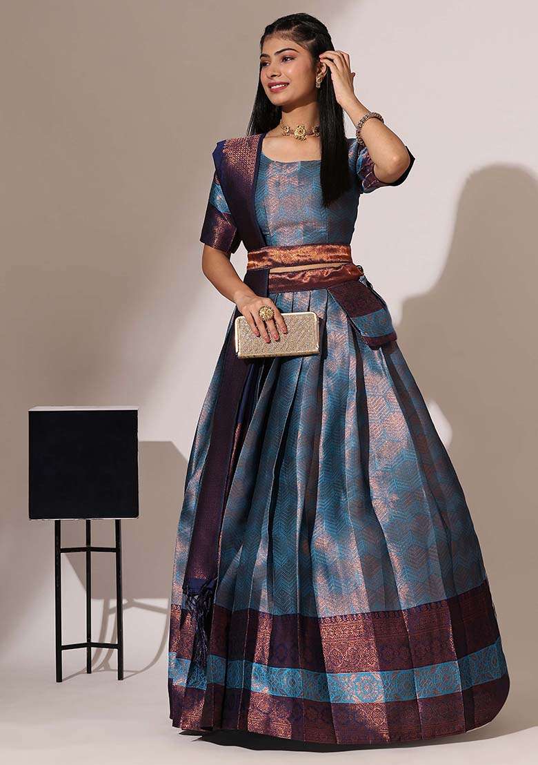 Firozi Silk Blend Lehenga Set with Zari Work for Diwali | Wedding & Festive Wear - Indya