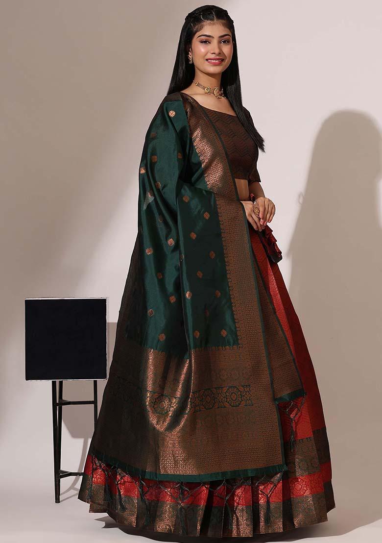 Maroon Zari Work Silk Lehenga Set - Indya