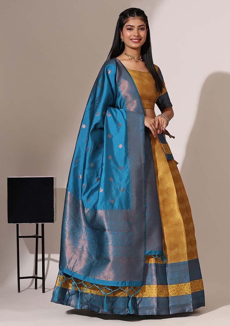 Yellow Zari Work Silk Lehenga Set - Indya