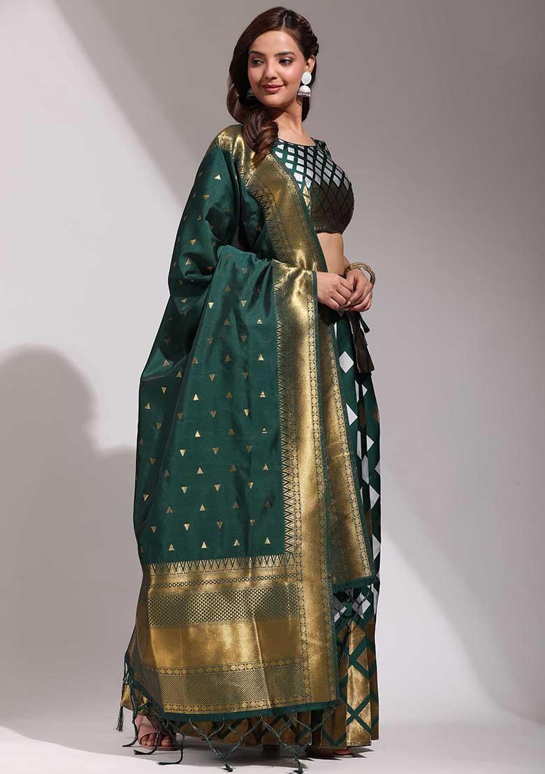 Green Zari Work Silk Lehenga Set - Indya