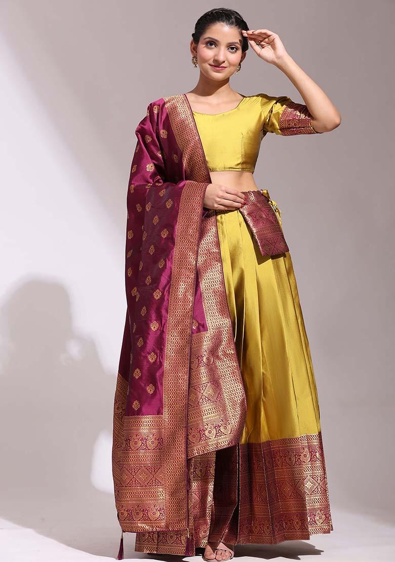 Yellow Zari Work Silk Lehenga Set - Indya