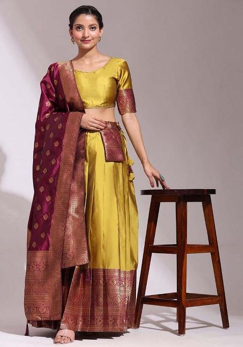 Yellow Zari Work Silk Lehenga Set