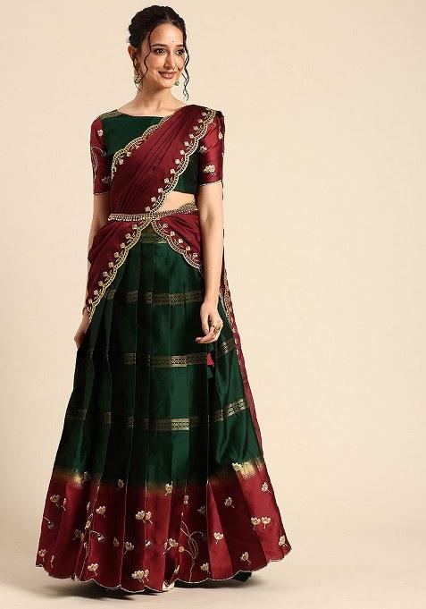 Green Zari Work Silk Lehenga Set