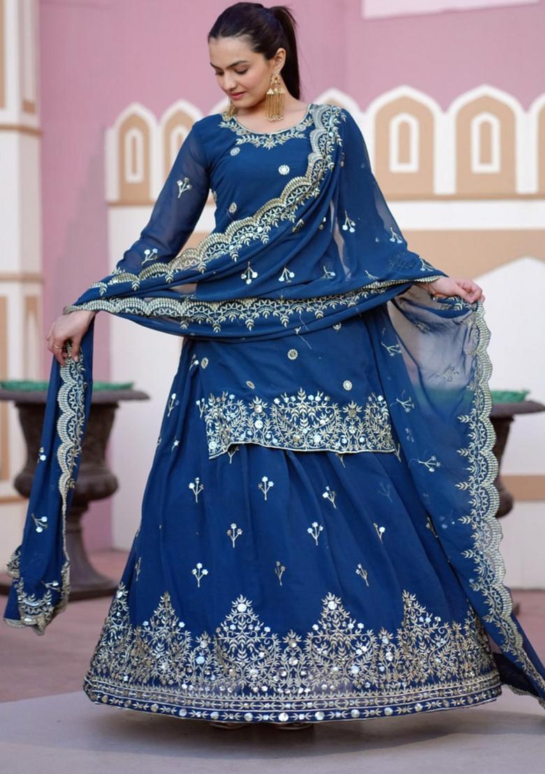 Blue Motif Georgette Lehenga Choli - Indya
