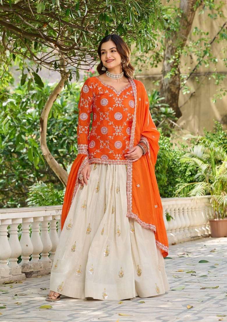 Orange Motif Chinon Choli Lehenga for Diwali | Wedding & Festive Wear - Indya