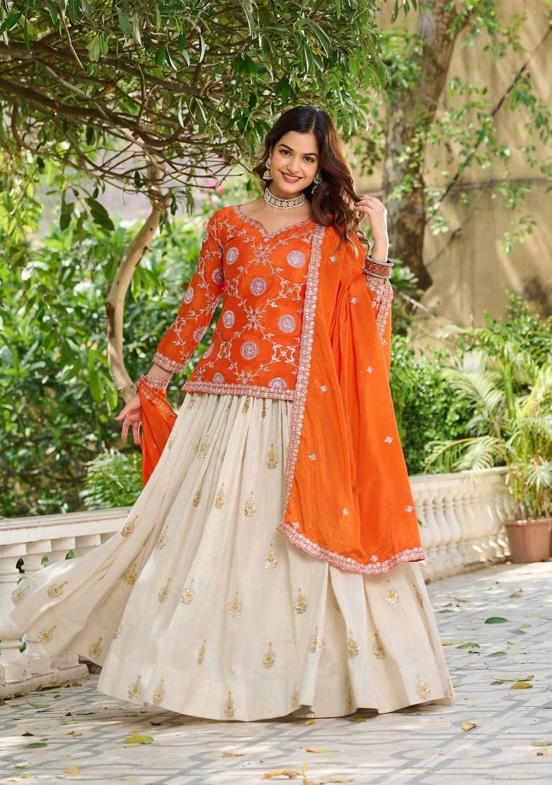 Orange Motif Chinon Lehenga Choli - Indya