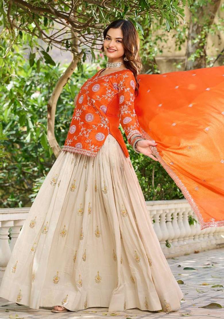 Orange Motif Chinon Choli Lehenga for Diwali | Wedding & Festive Wear - Indya