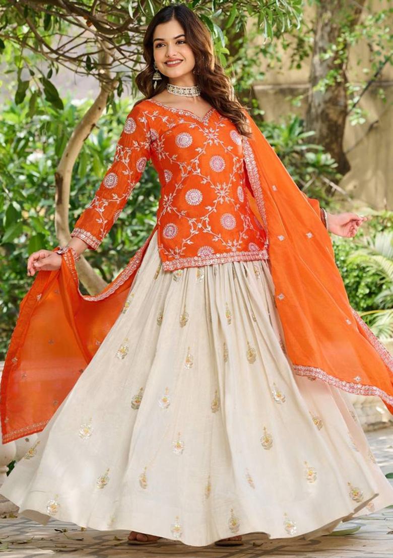 Orange Motif Chinon Lehenga Choli - Indya