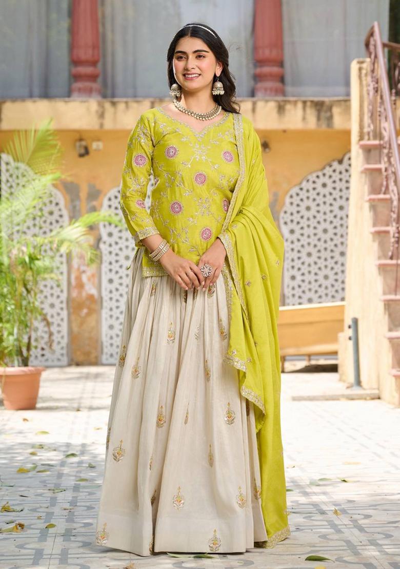 Yellow Motif Chinon Lehenga Choli - Indya