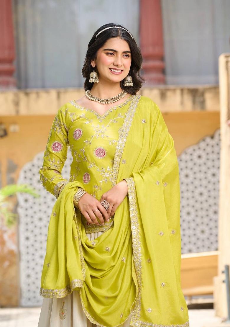 Yellow Motif Chinon Lehenga Choli - Indya