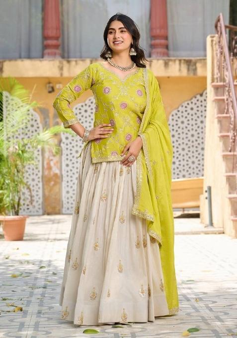 Yellow Motif Chinon Lehenga Choli