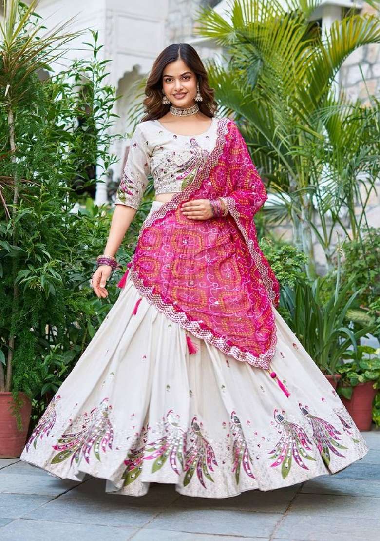 White Motif Poly Blended Choli Lehenga for Diwali | Wedding & Festive Wear - Indya