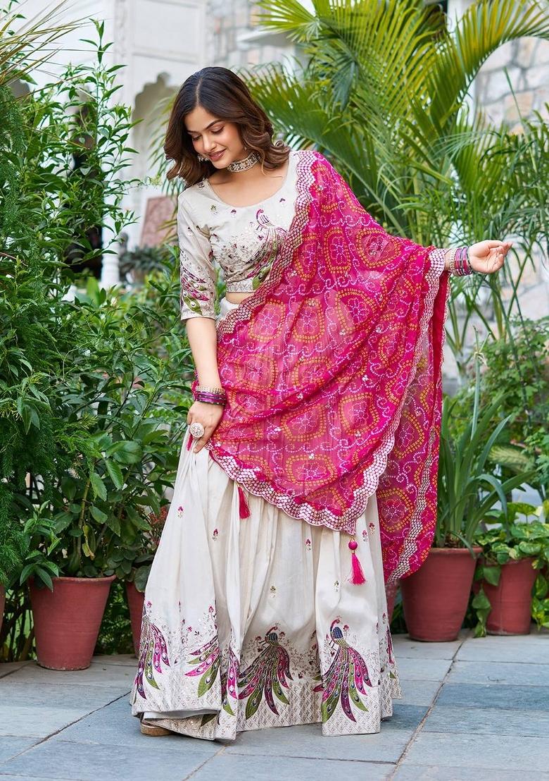 White Motif Poly Blended Lehenga Choli - Indya