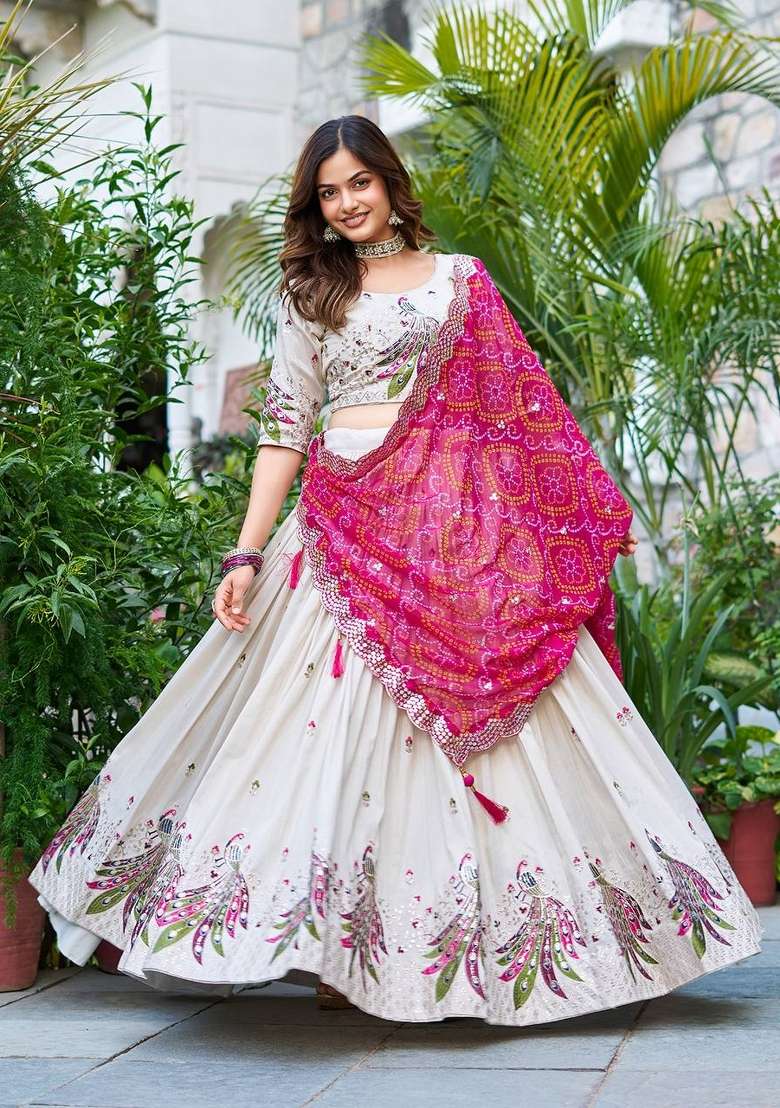White Motif Poly Blended Choli Lehenga for Diwali | Wedding & Festive Wear - Indya