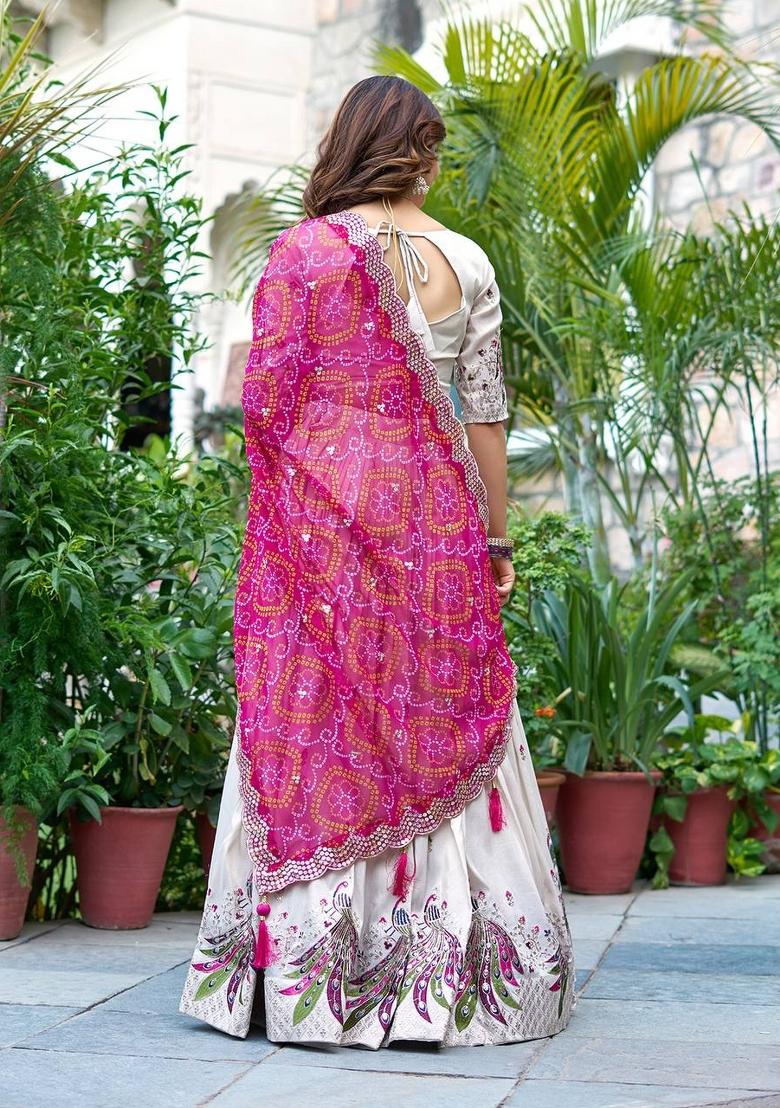 White Motif Poly Blended Lehenga Choli - Indya