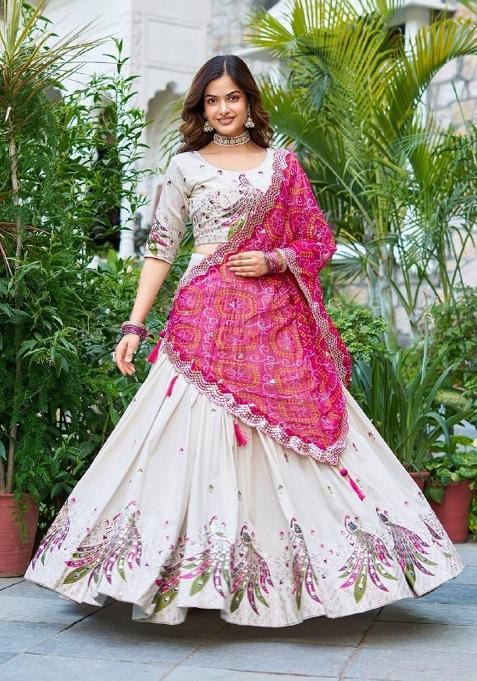 White Motif Poly Blended Lehenga Choli
