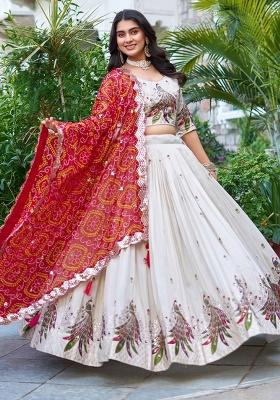 White Motif Poly Blended Lehenga Choli
