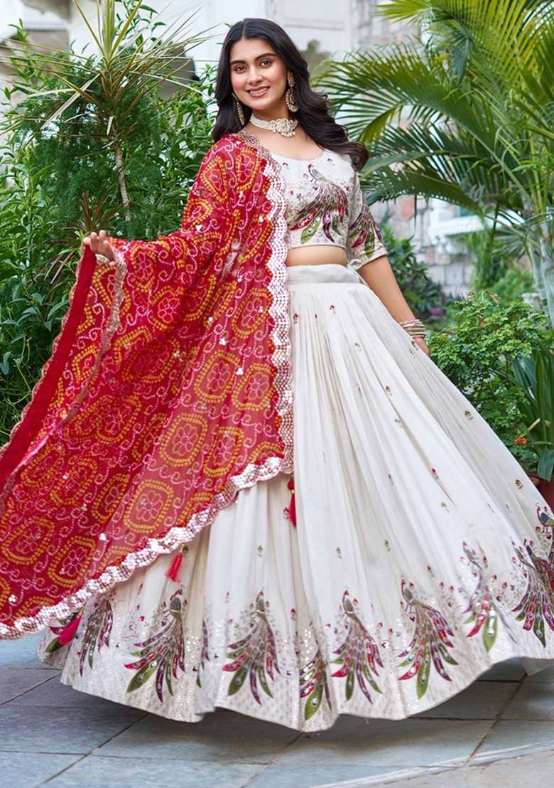 White Motif Poly Blended Lehenga Choli for Diwali and Festive Wear - Indya