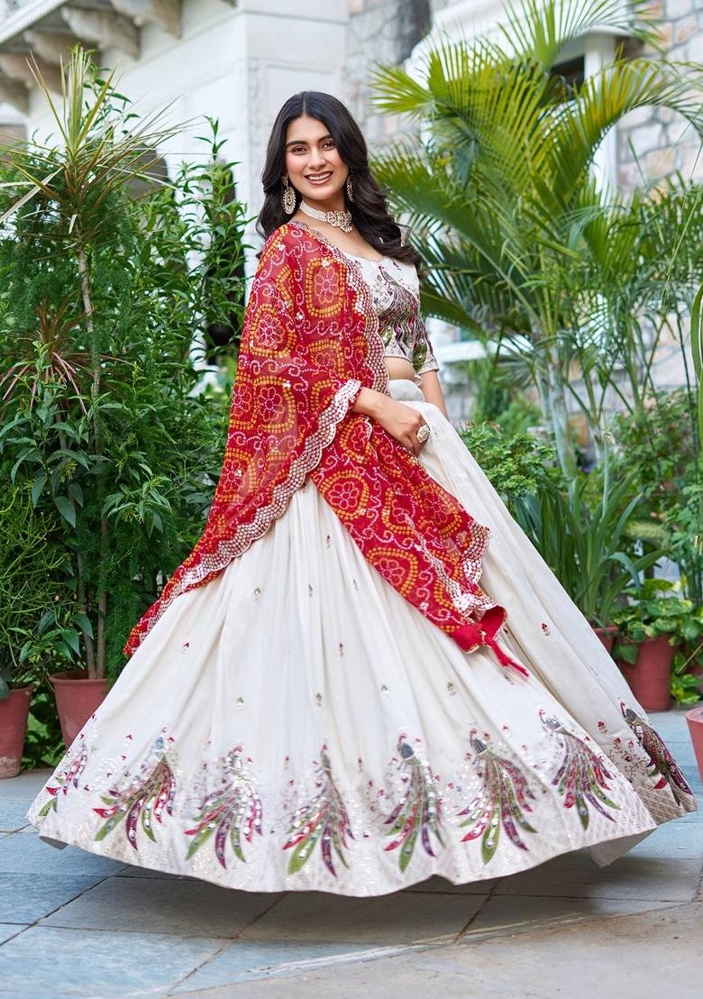White Motif Poly Blended Lehenga Choli - Indya