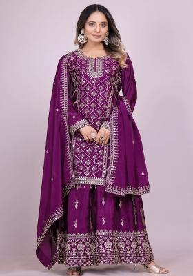 Purple Motif Chinon Lehenga Choli