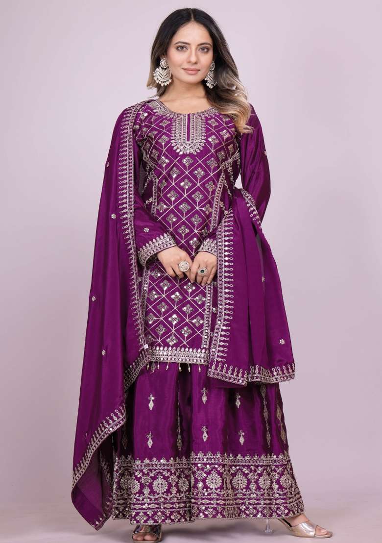 Purple Motif Chinon Choli Lehenga for Diwali | Wedding & Festive Wear - Indya