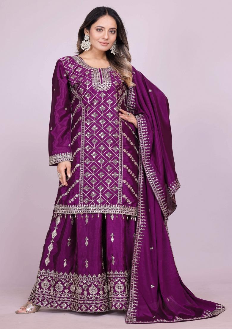 Purple Motif Chinon Lehenga Choli - Indya