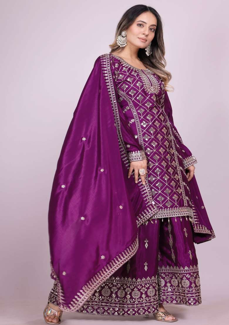 Purple Motif Chinon Choli Lehenga for Diwali | Wedding & Festive Wear - Indya