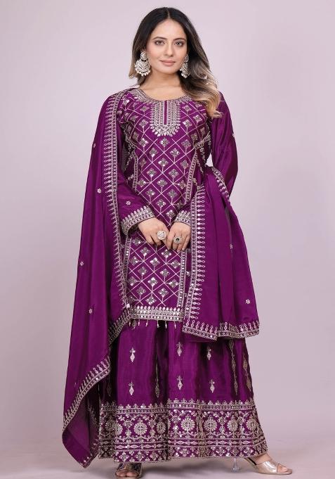 Purple Motif Chinon Lehenga Choli