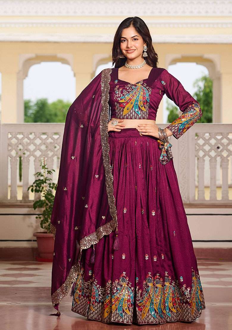 Burgundy Motif Poly Blended Lehenga Choli for Diwali and Festive Wear - Indya