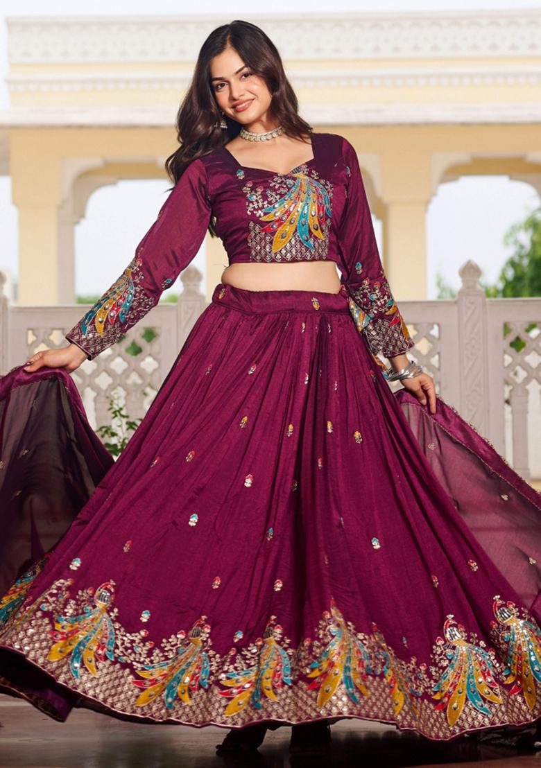 Burgundy Motif Poly Blended Lehenga Choli - Indya