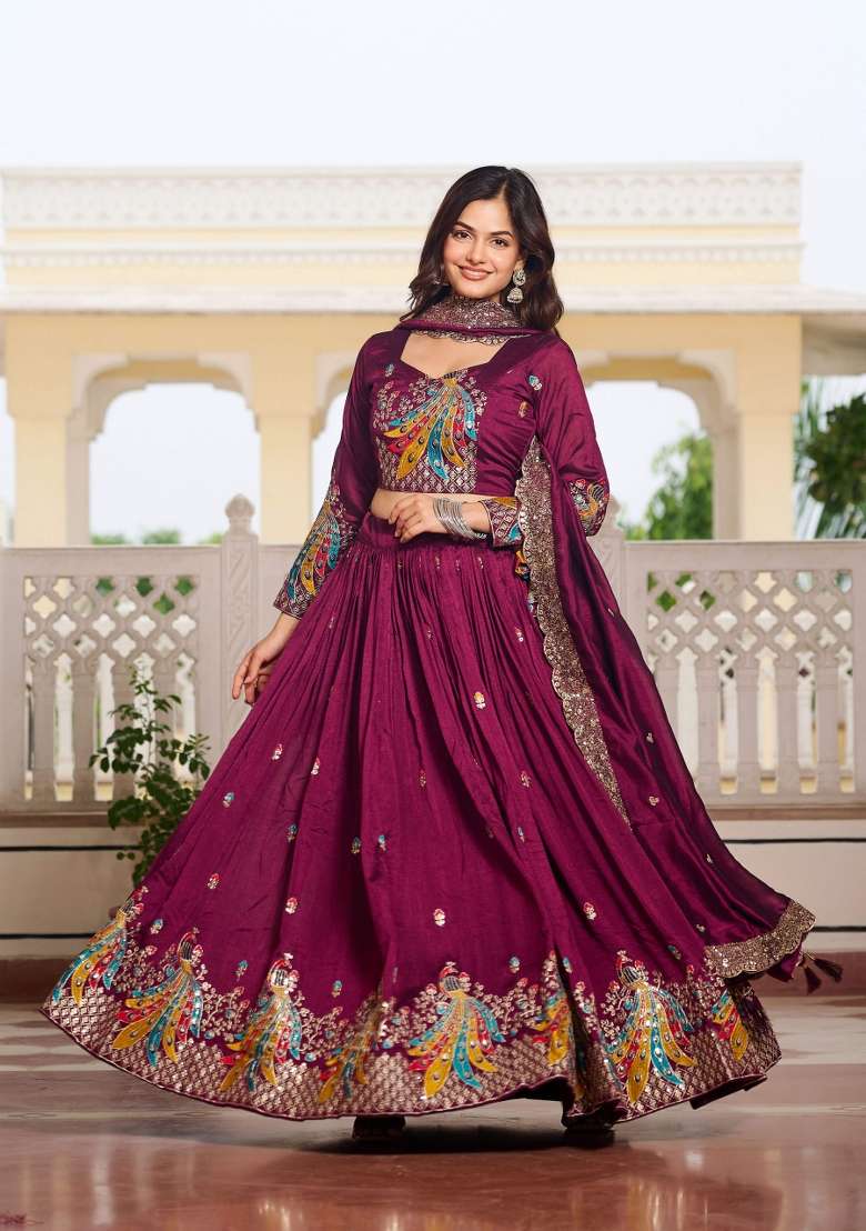 Burgundy Motif Poly Blended Lehenga Choli for Diwali and Festive Wear - Indya