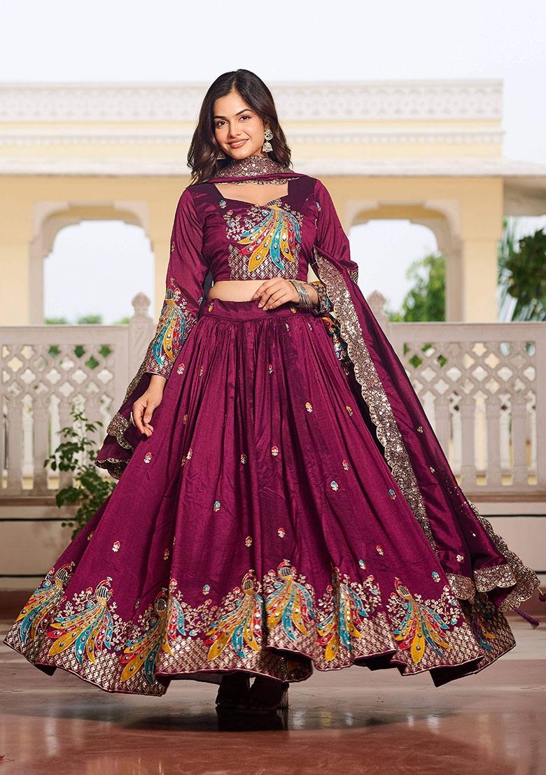 Burgundy Motif Poly Blended Lehenga Choli - Indya