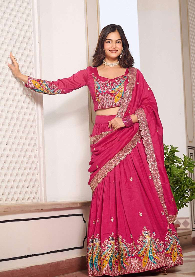 Pink Motif Poly Blended Lehenga Choli for Diwali and Festive Wear - Indya