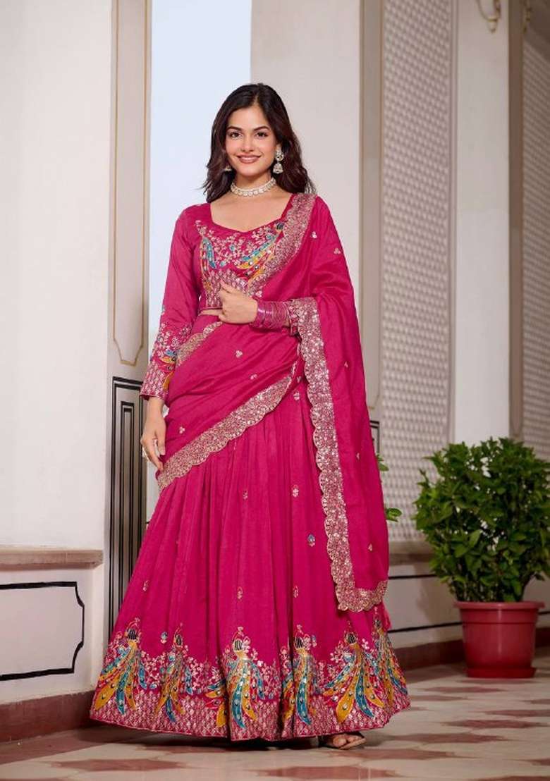 Pink Motif Poly Blended Lehenga Choli for Diwali and Festive Wear - Indya