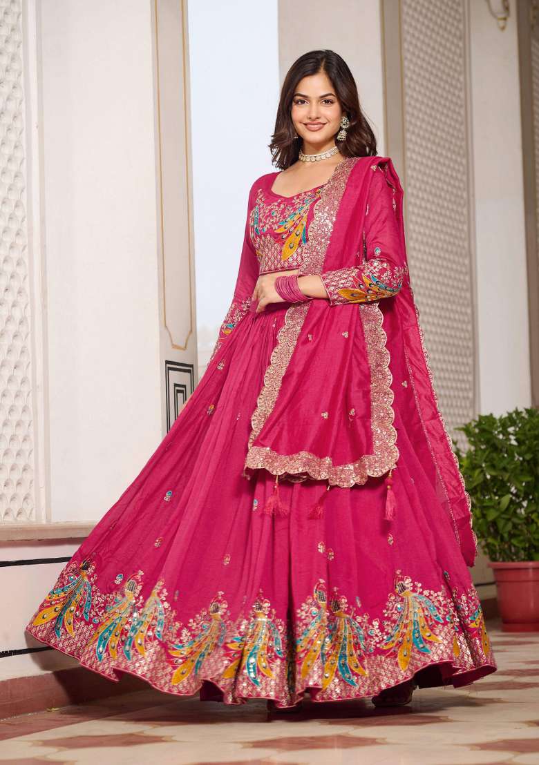 Pink Motif Poly Blended Lehenga Choli for Diwali and Festive Wear - Indya