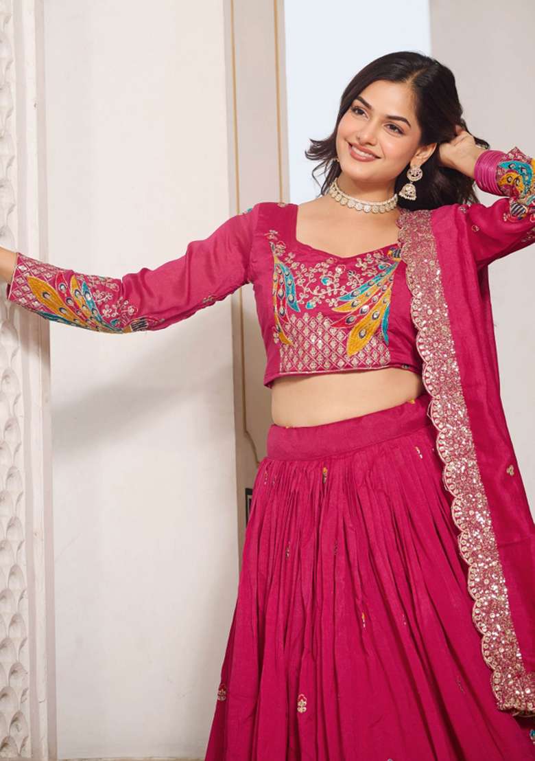 Pink Motif Poly Blended Lehenga Choli for Diwali and Festive Wear - Indya