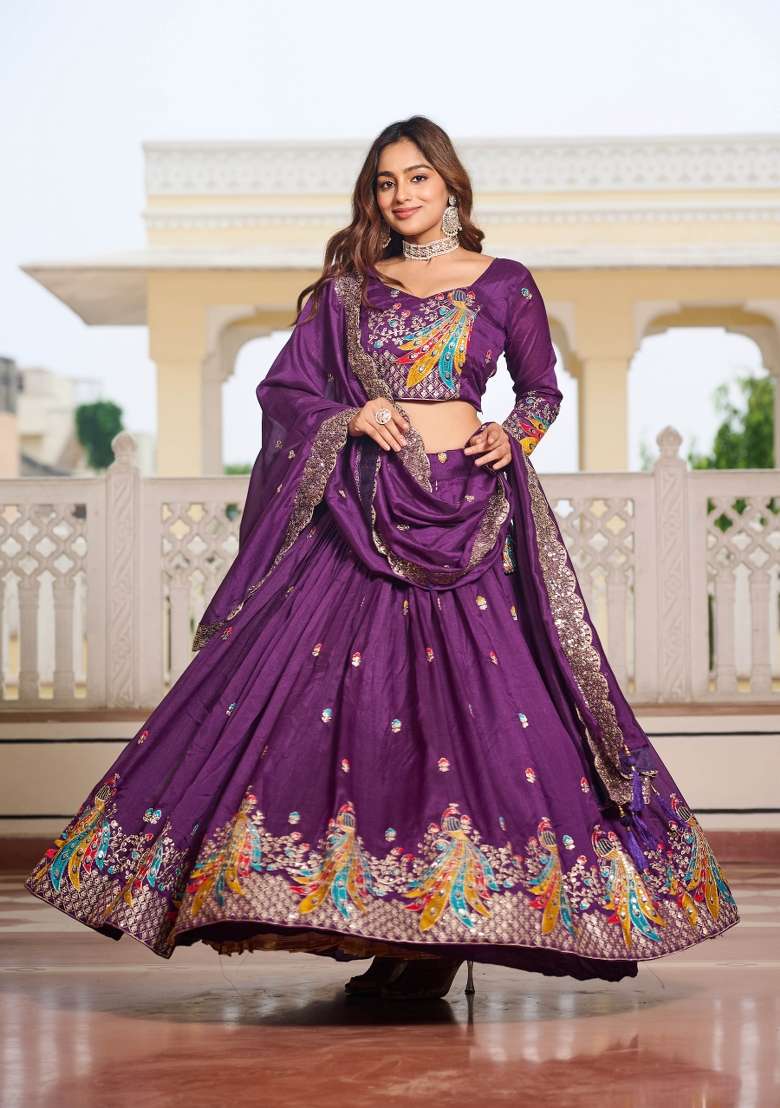 Purple Motif Poly Blended Choli Lehenga for Diwali | Wedding & Festive Wear - Indya