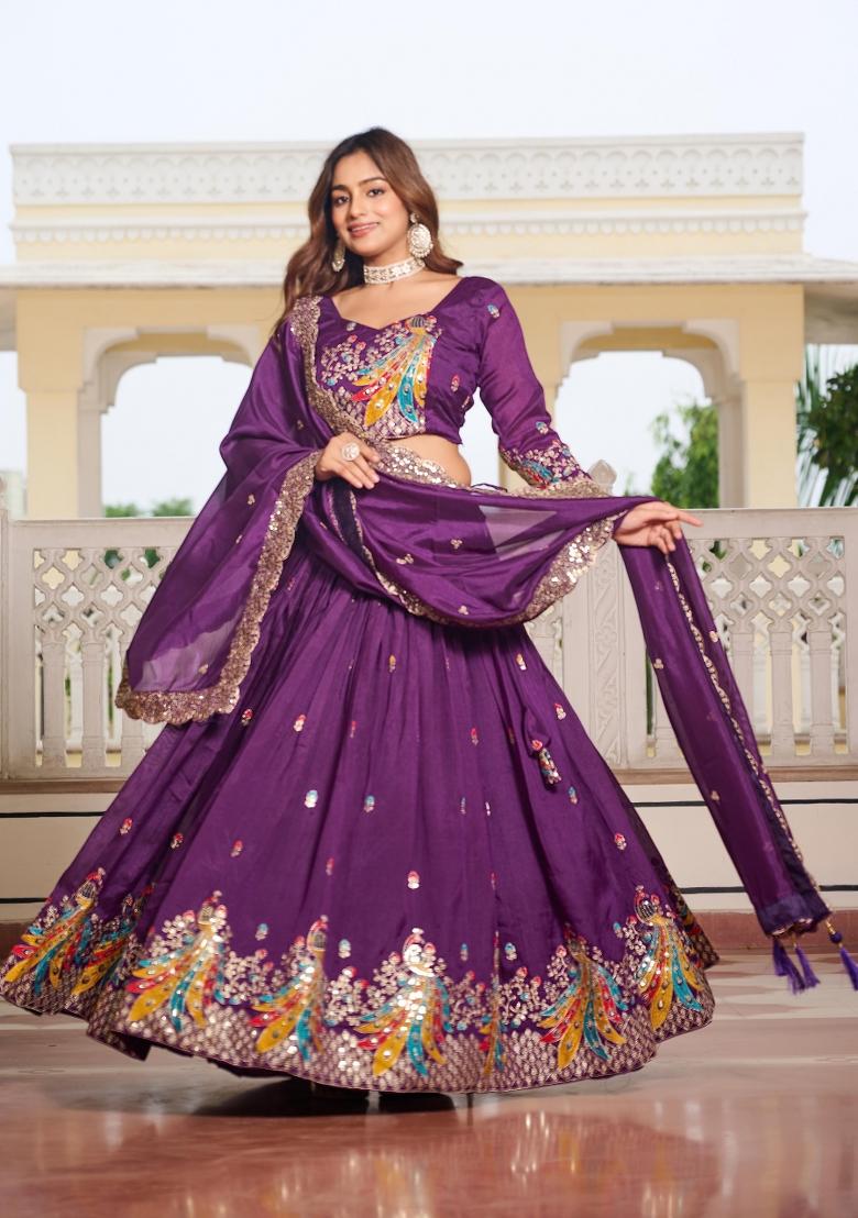 Purple Motif Poly Blended Lehenga Choli - Indya