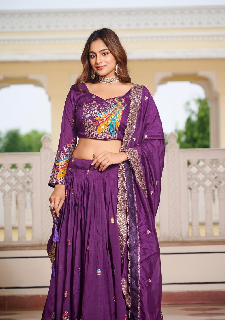 Purple Motif Poly Blended Lehenga Choli - Indya