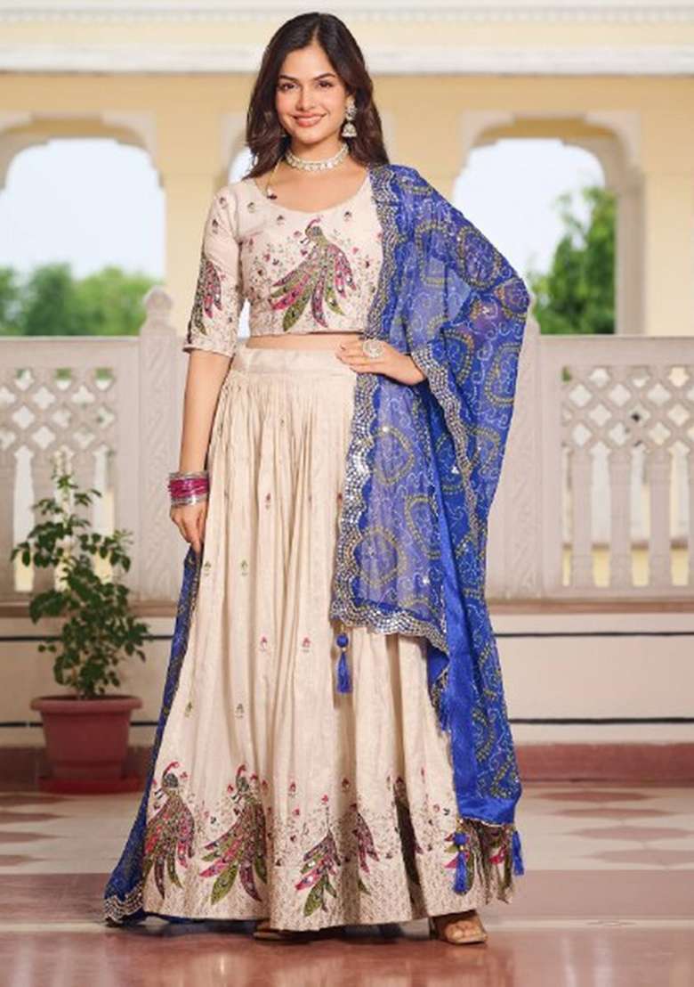Cream Motif Poly Blended Lehenga Choli for Diwali and Festive Wear - Indya