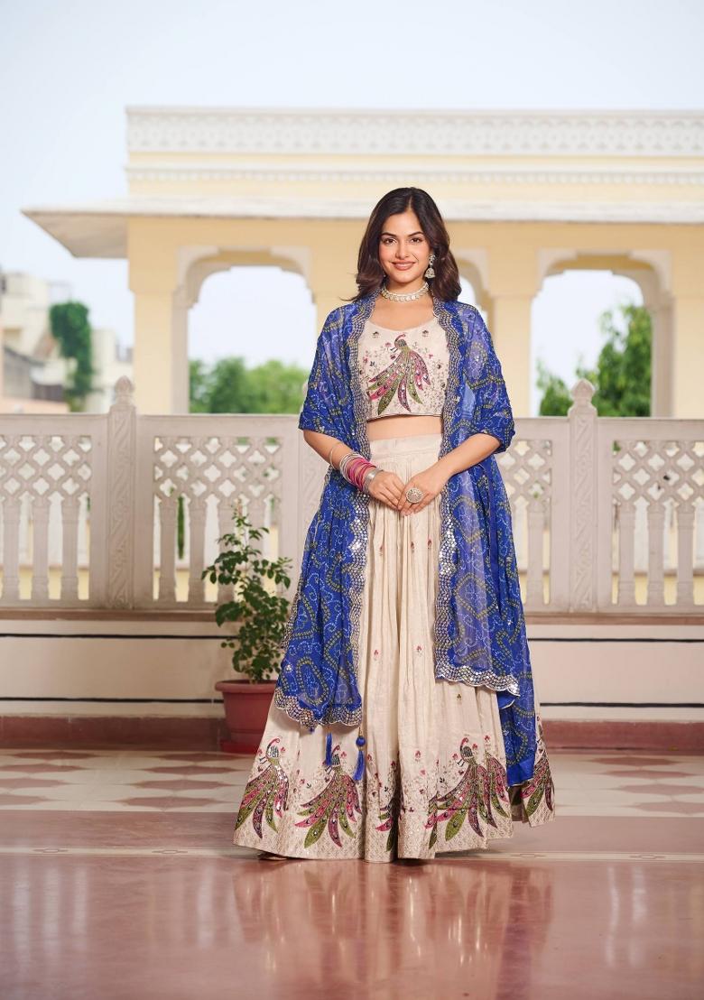 Cream Motif Poly Blended Lehenga Choli - Indya