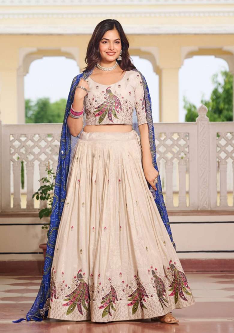 Cream Motif Poly Blended Lehenga Choli for Diwali and Festive Wear - Indya