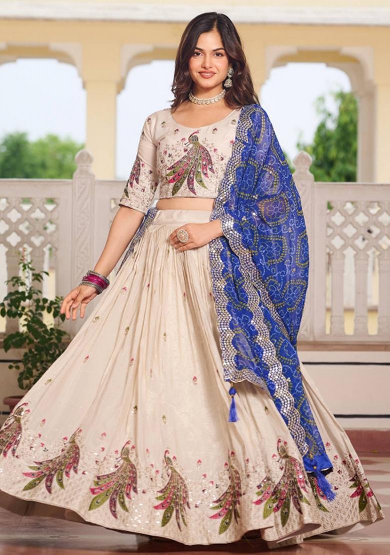 Cream Motif Poly Blended Lehenga Choli - Indya