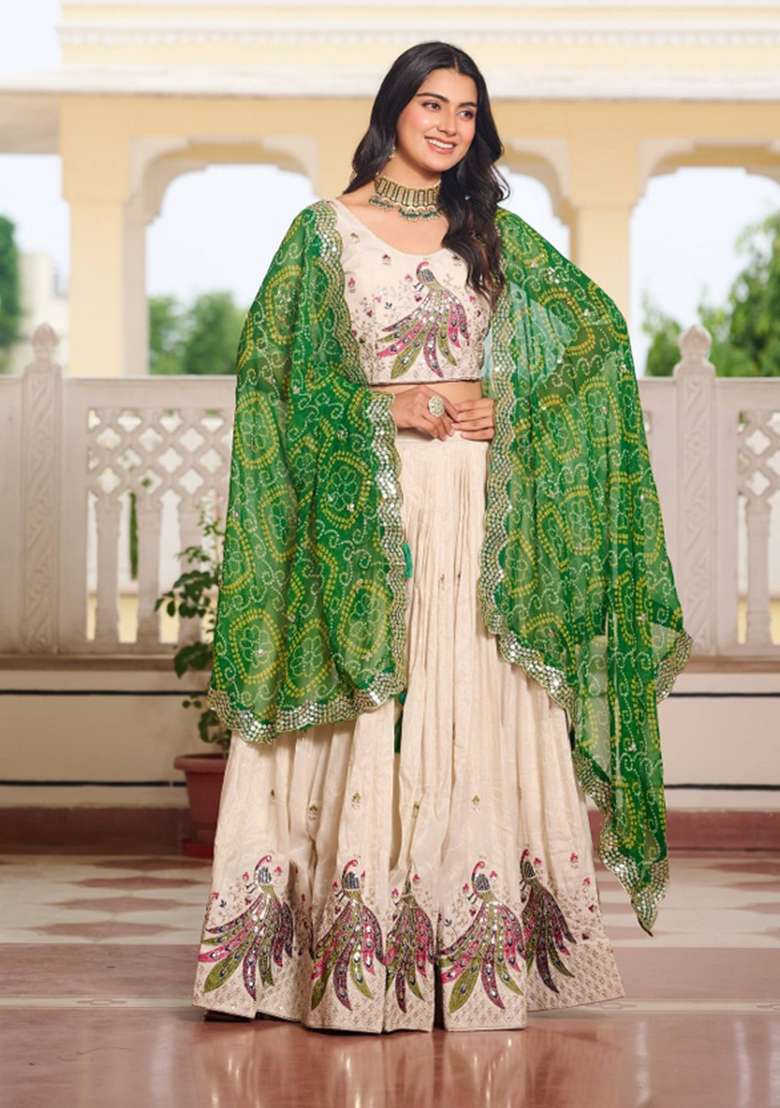Cream Motif Poly Blended Choli Lehenga for Diwali | Wedding & Festive Wear - Indya