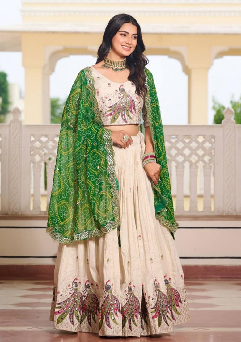 Cream Motif Poly Blended Lehenga Choli - Indya