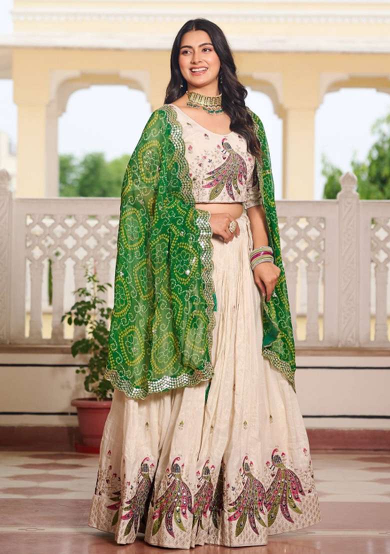 Cream Motif Poly Blended Choli Lehenga for Diwali | Wedding & Festive Wear - Indya