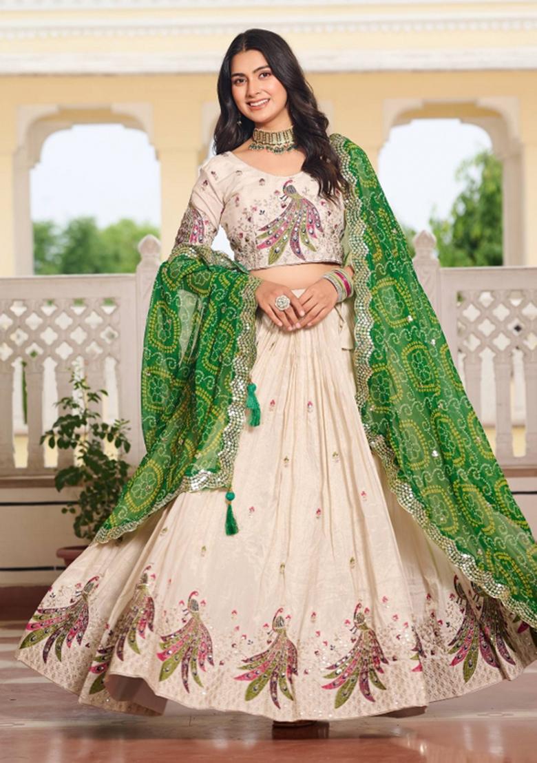 Cream Motif Poly Blended Lehenga Choli - Indya