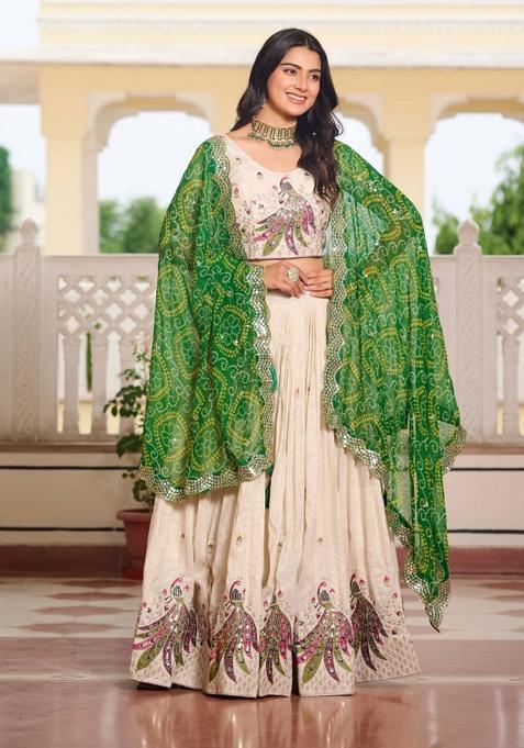 Cream Motif Poly Blended Lehenga Choli